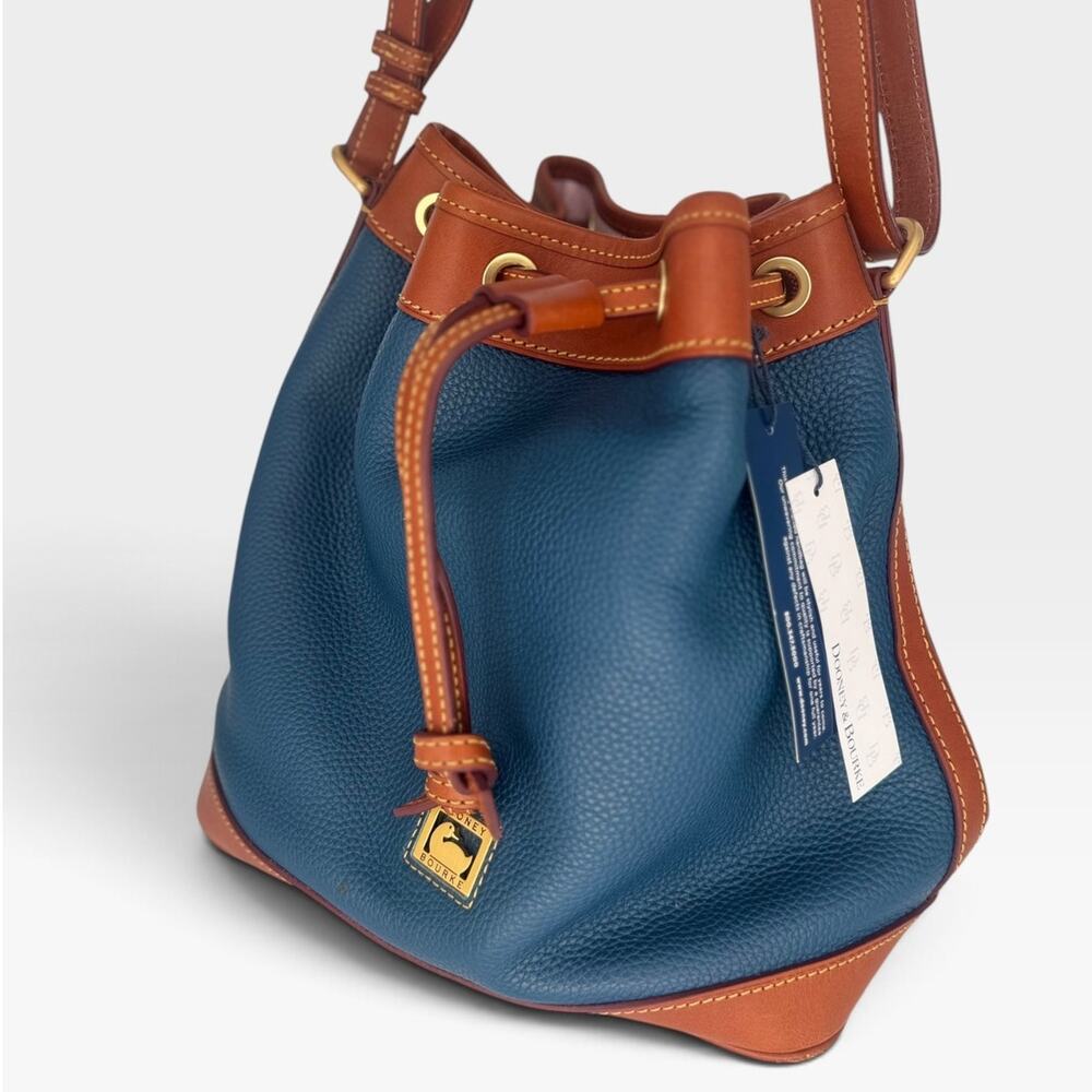 RARE $378 Dooney Bourke Dillen Drawstring Bucket Pebble Grain Blue Denim